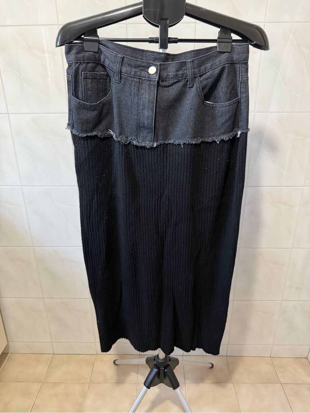 Black Denim-Waist Knit Midi Skirt - Dress Blank